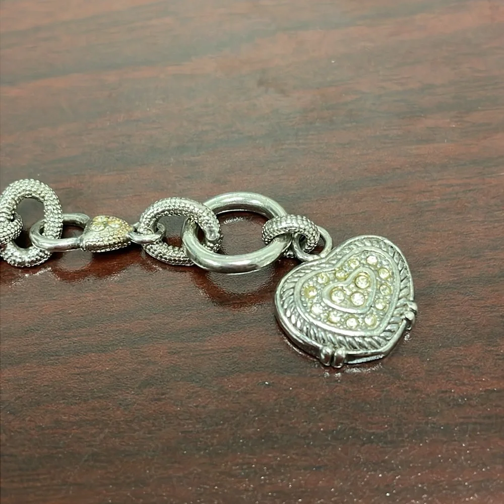 Vintage 925 Textured Silver Heart and Cubic Zirconia Toggle Bracelet